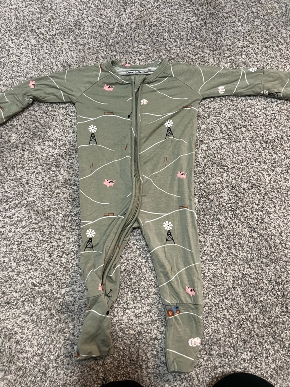 Brave little ones sleeper-  Olive Green One-Piece Pajamas with Farm Print